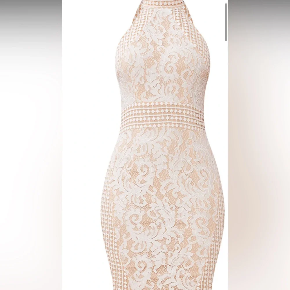 PrettyLittleThing NWT White Lace Crochet High-Neck Midi Dress - Picture 2 of 12